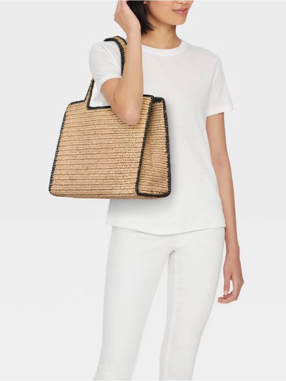 XL Trendy Woven Natural Straw Tote Bag with Dark Trim - NWT
